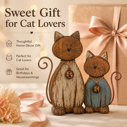Rustic Wooden Cat Figurines Set of 2