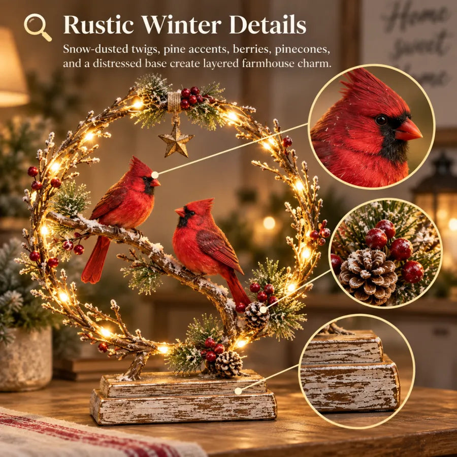 Lighted Cardinal Tabletop Decor, Rustic Red Cardinal Pair with Warm LED Lights