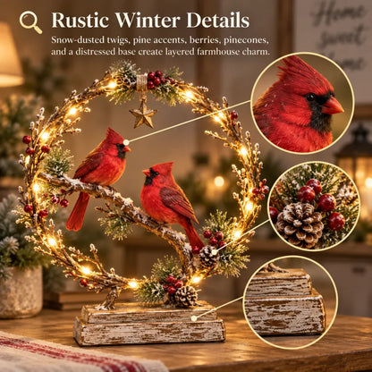 Lighted Cardinal Tabletop Decor, Rustic Red Cardinal Pair with Warm LED Lights