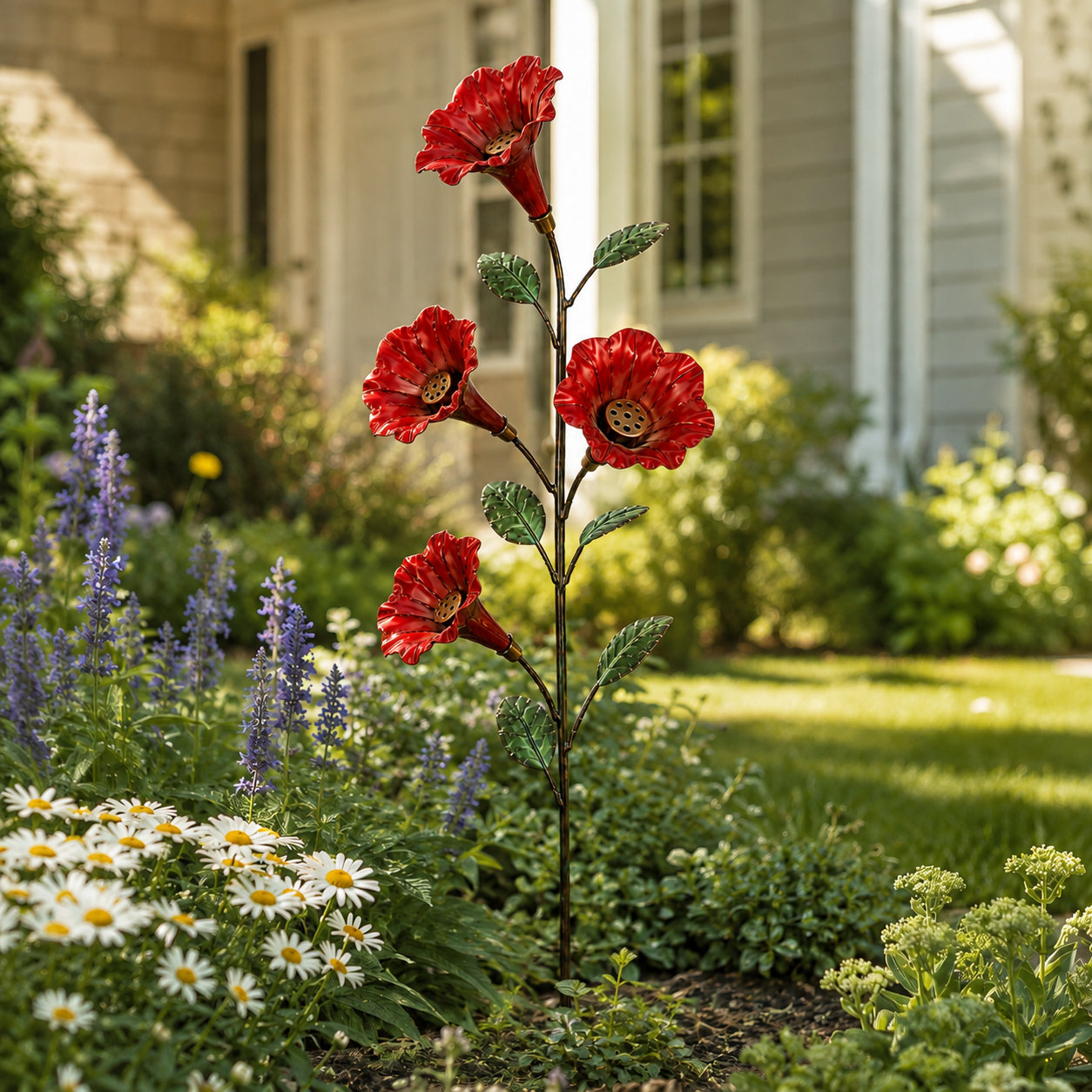 Vintage Red Flower Hummingbird Feeder Garden Stake