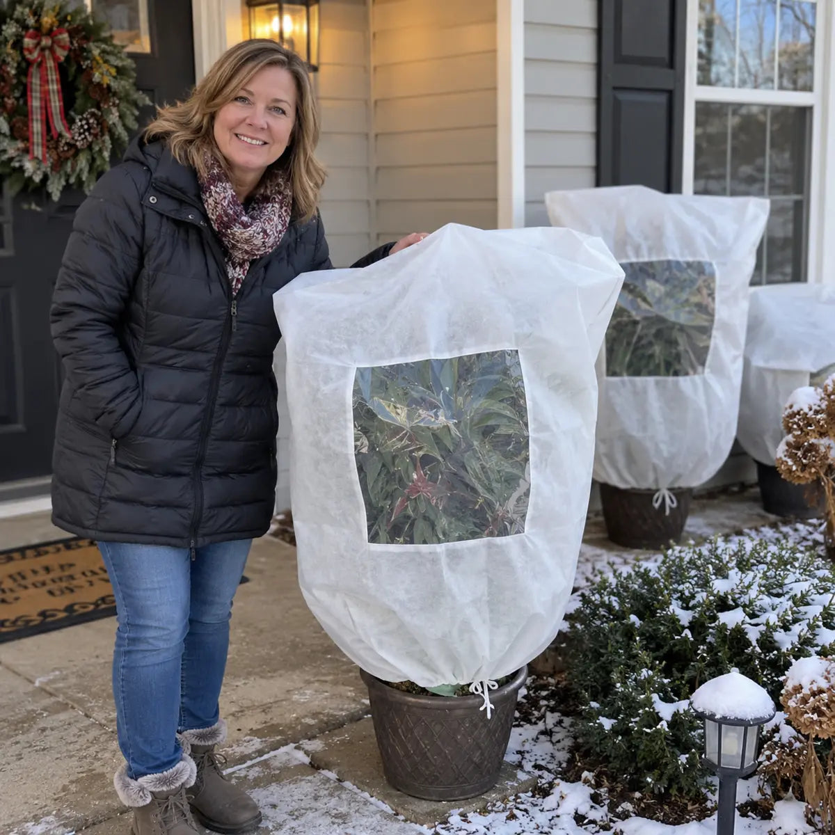 Customer standing beside covered porch plants after snowfall