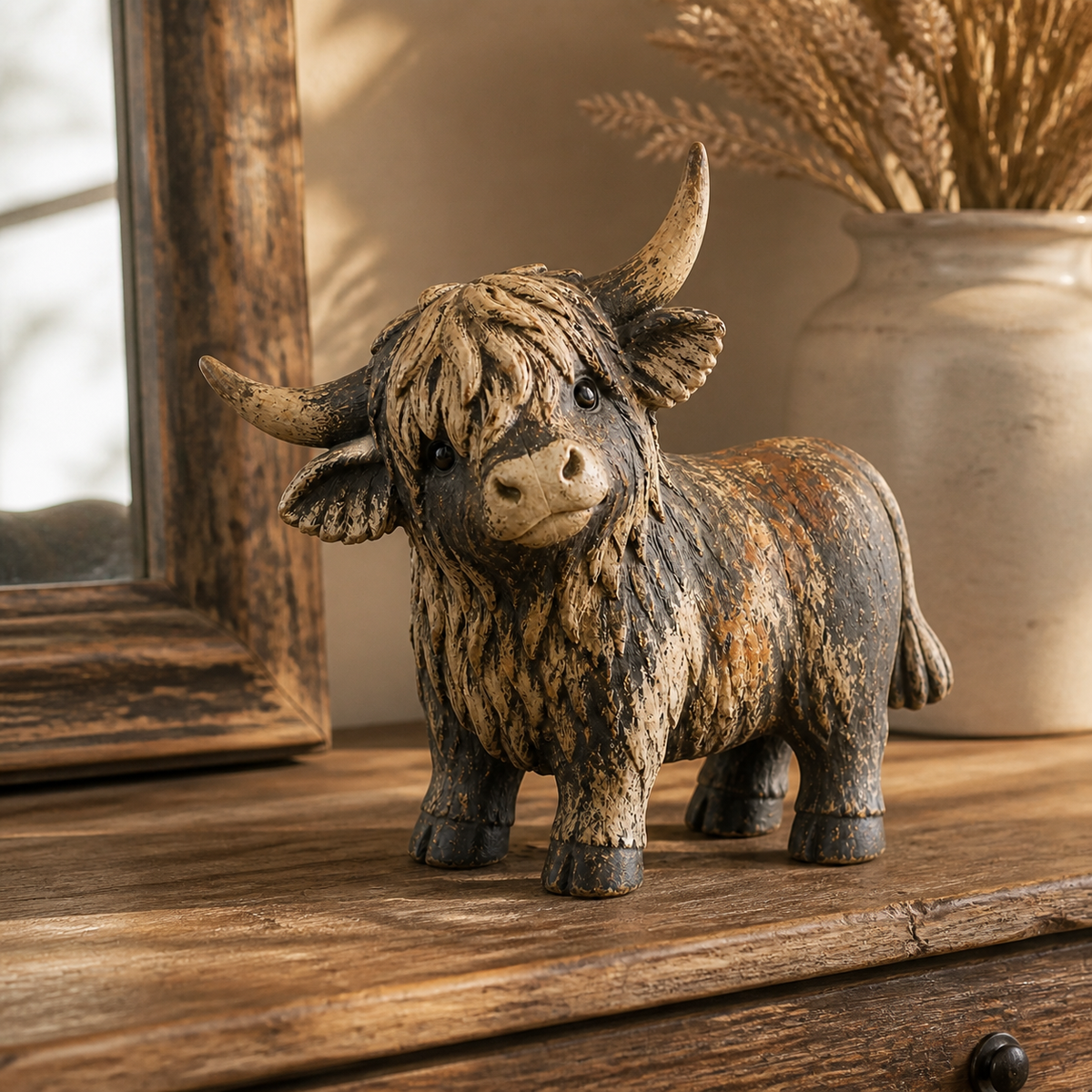 Rustic Highland cow figurine styled as farmhouse decor