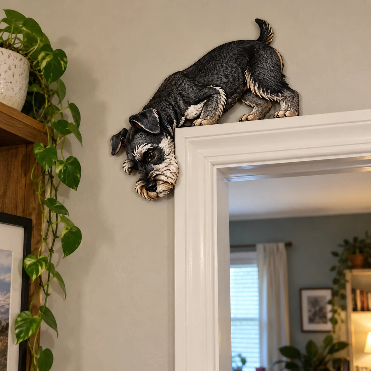 Schnauzer doorway topper displayed in a customer home