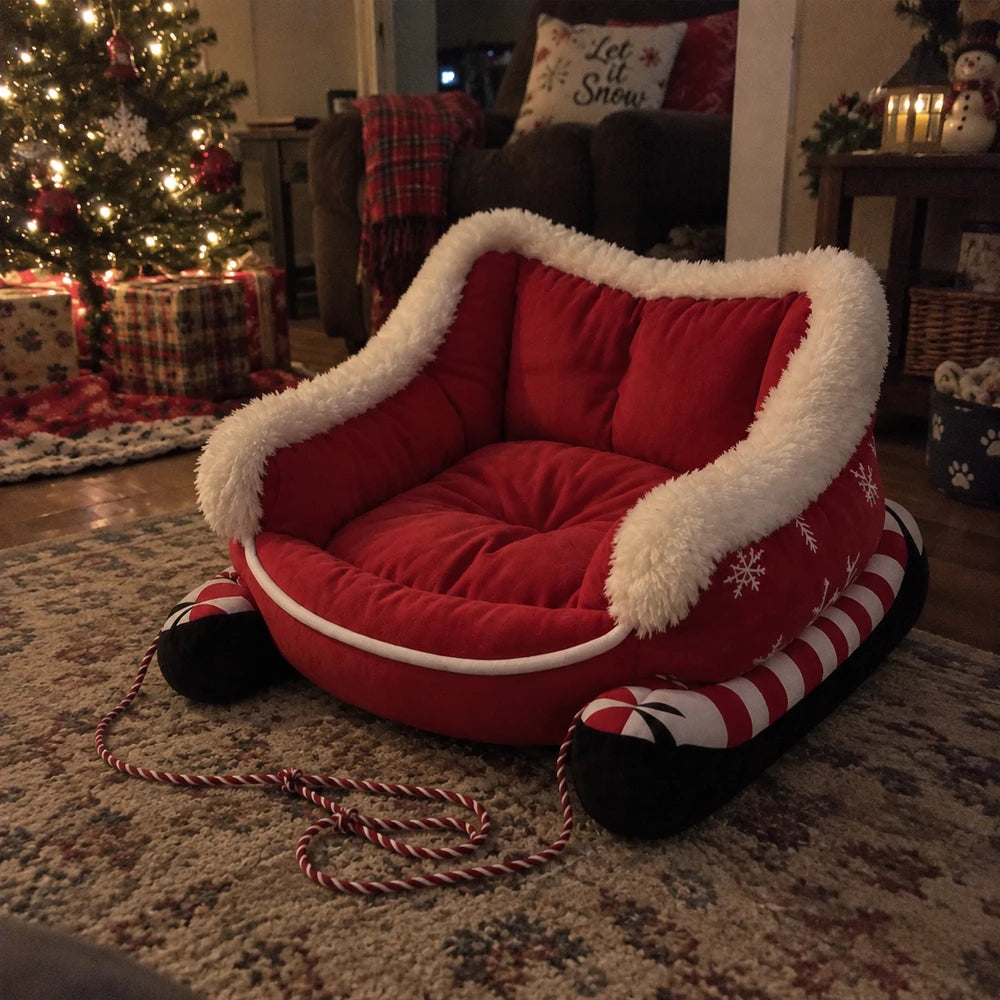 Christmas sleigh pet bed photographed in a real customer living room