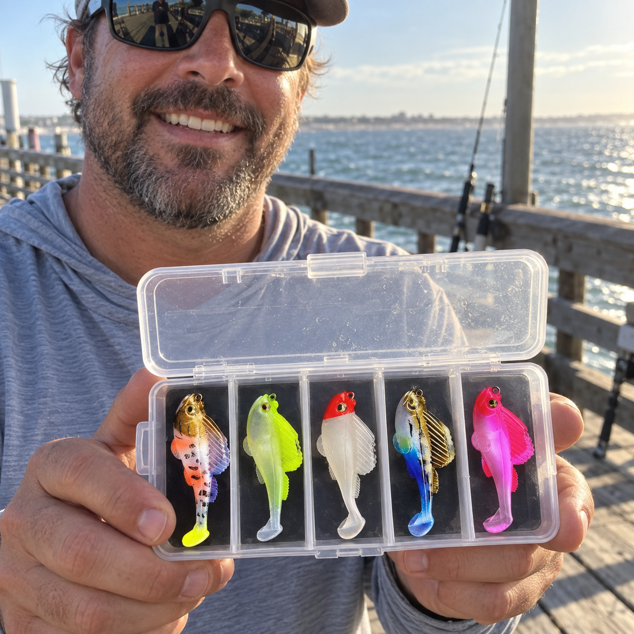 Angler preparing a T-tail lure near a coastal pier