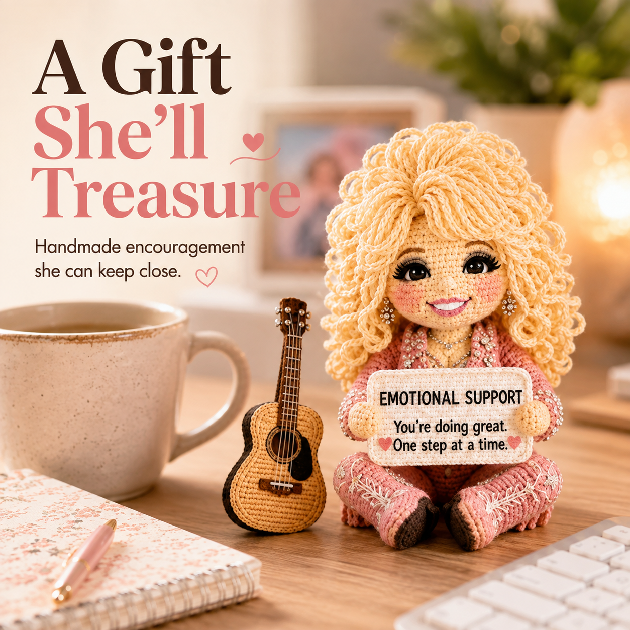 Little Emotional Support Friend – Handmade Crochet Encouragement Doll with Mini Guitar