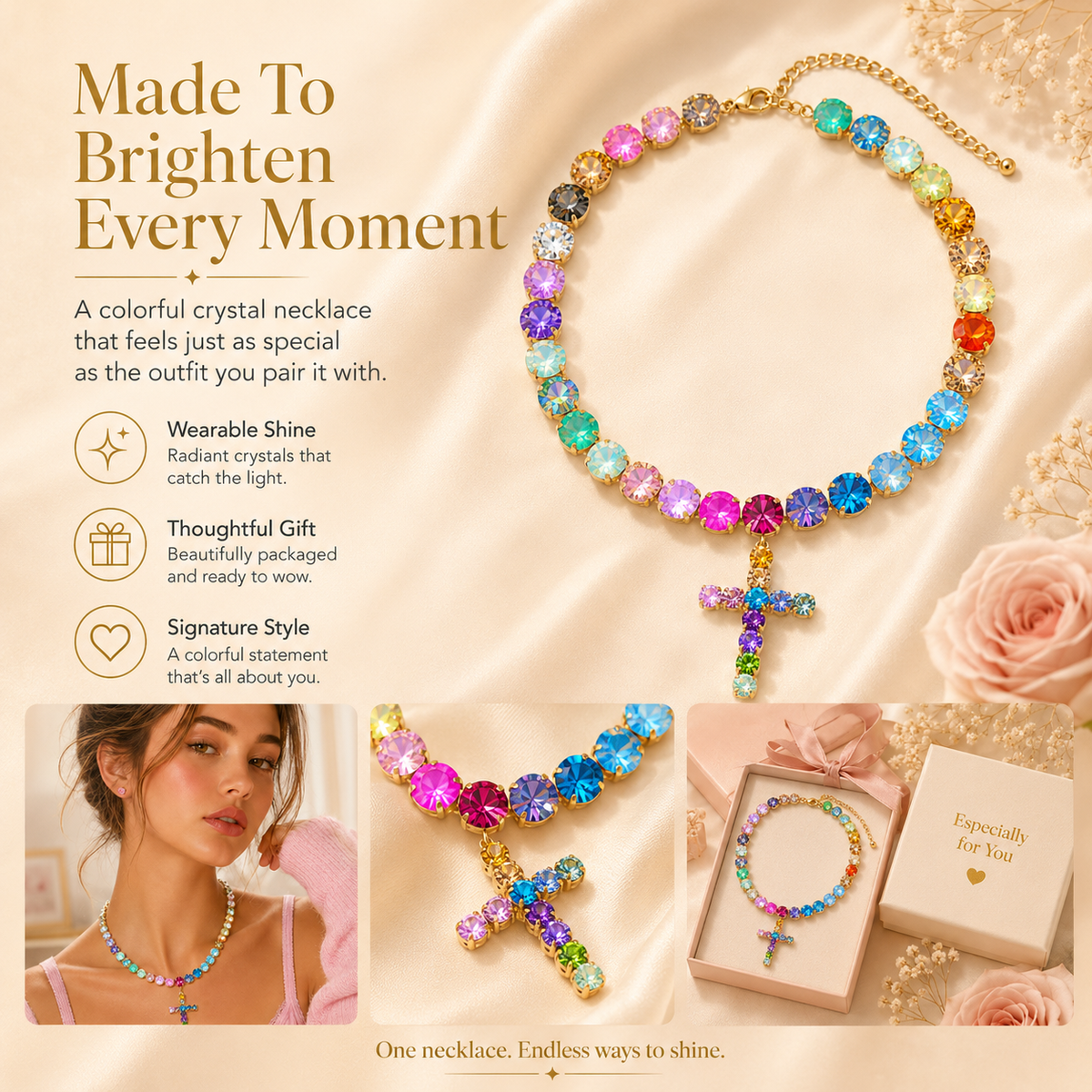 Colorful Crystal Cross Necklace – Sparkling Adjustable Statement Jewelry