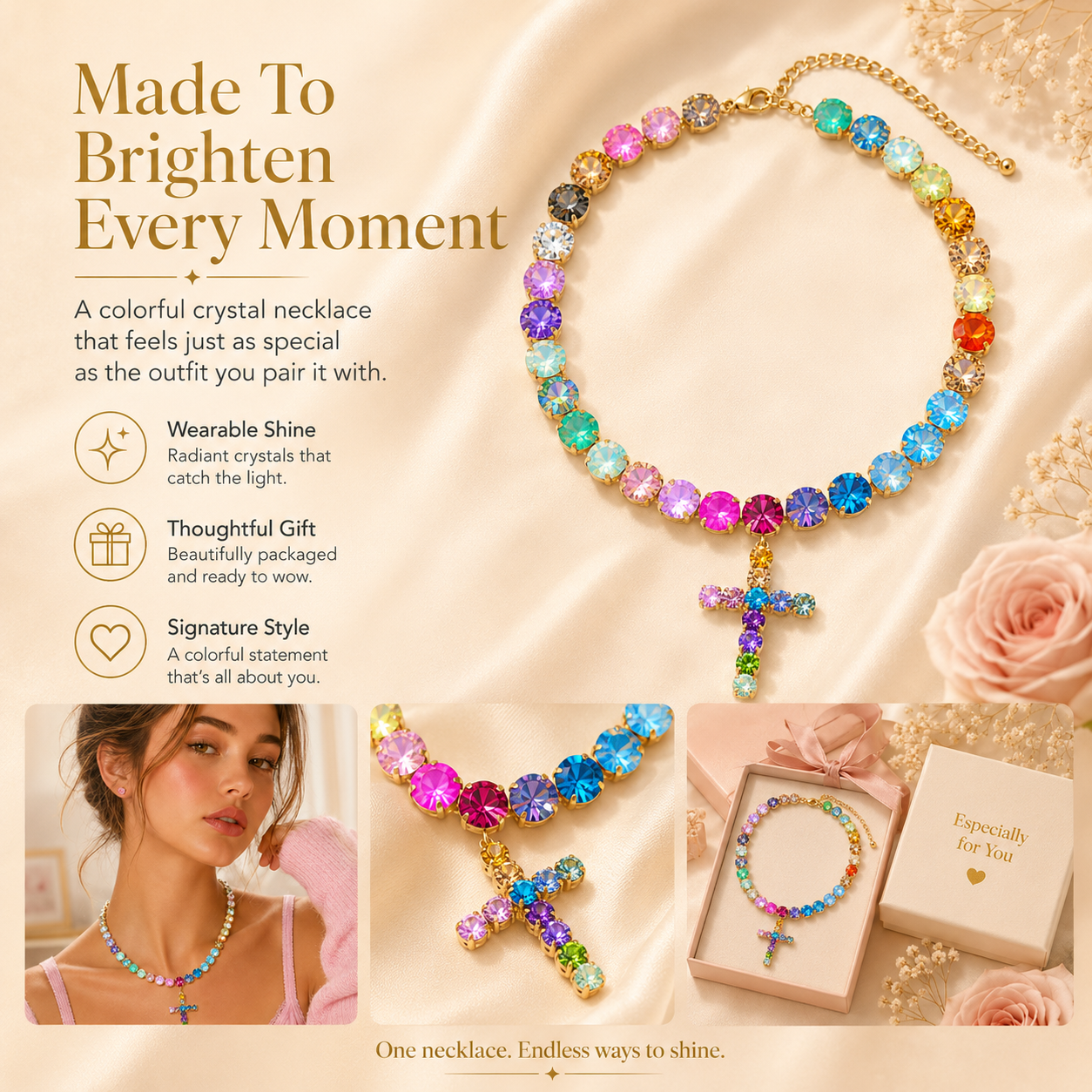 Colorful crystal cross necklace lifestyle collage