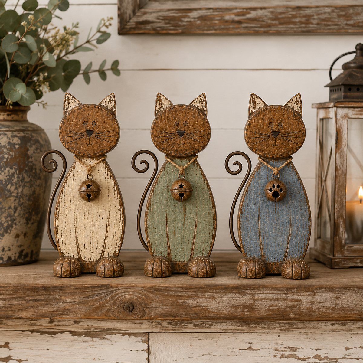 Three rustic cat decorations styled together on a farmhouse console