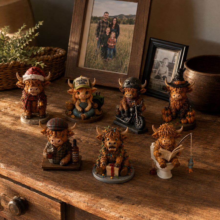 Highland cow figurines on a warm rustic sideboard