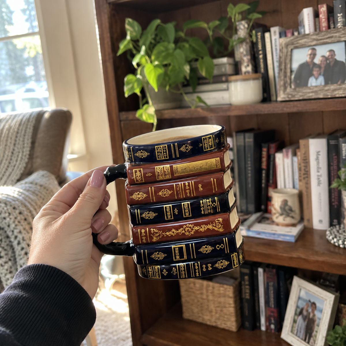 Vintage book stack mug in a real home