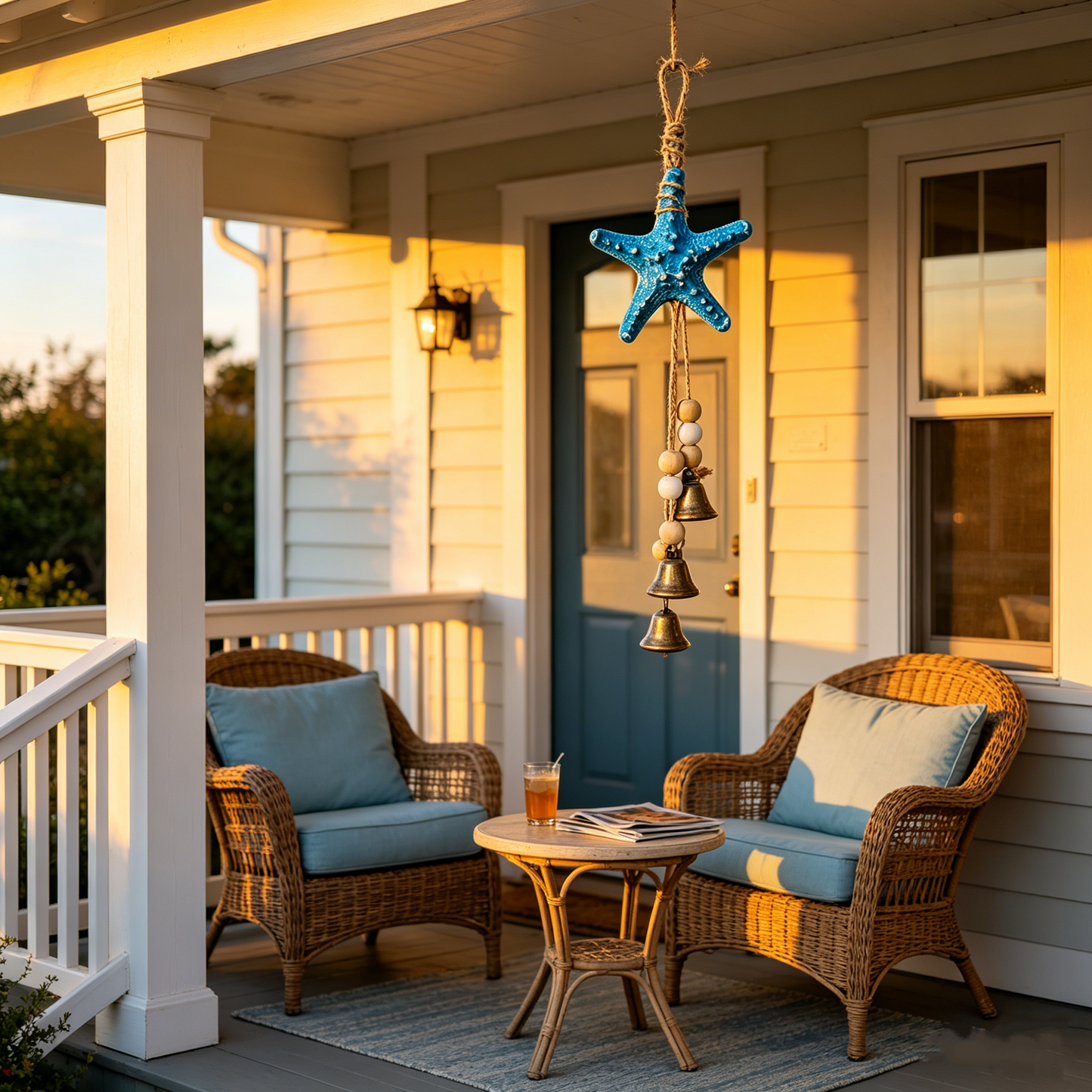 🌊⭐ Seaside Starfish Bell Chime – Rustic Coastal Hanging Decor with Natural Wood Beads