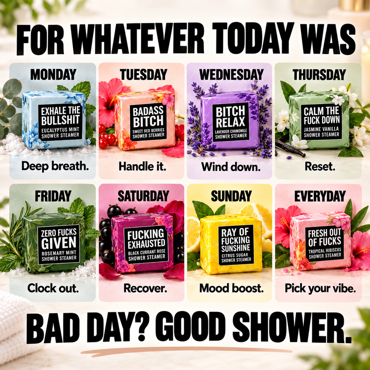 Bad Day Shower Steamers Gift Set – 8 Scented Self-Care Shower Tablets