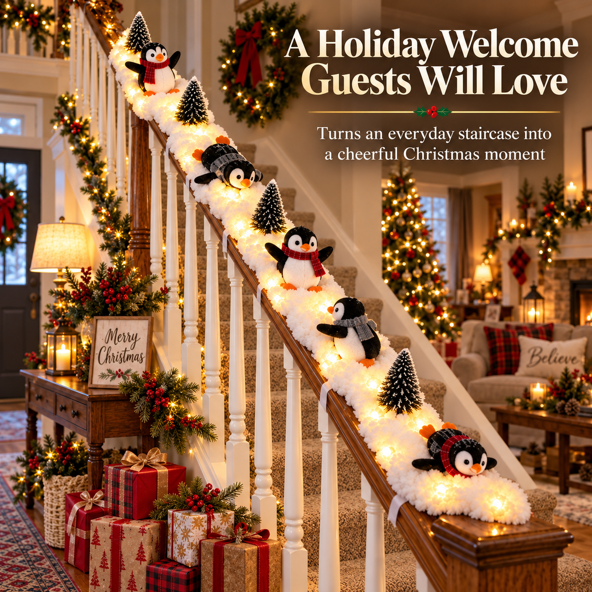 Playful Penguin Snowy Stair Railing Decor