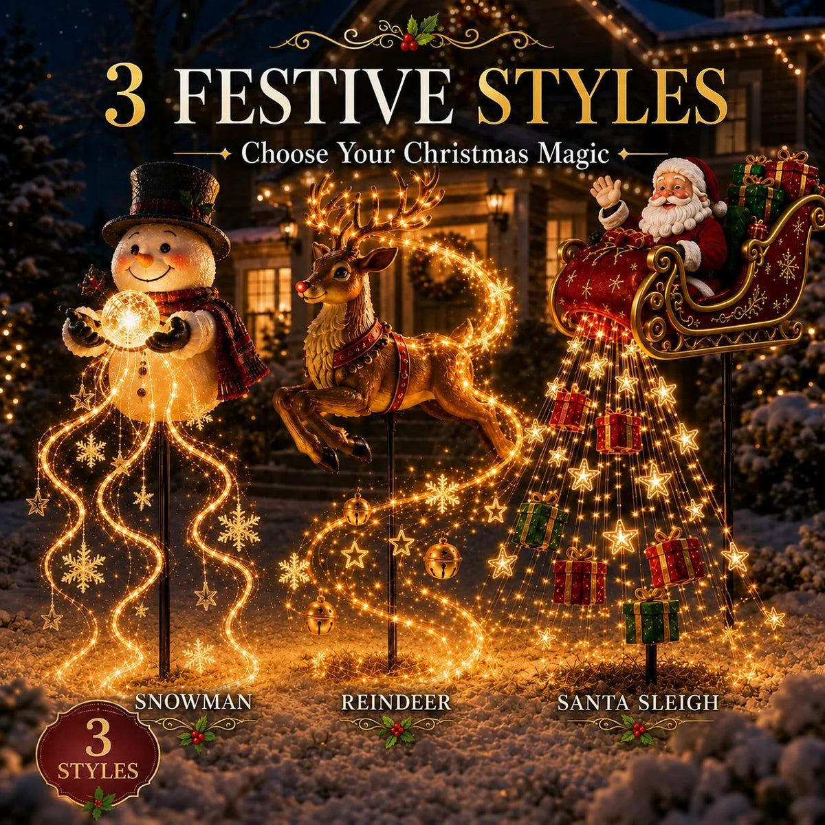 Christmas Santa sleigh garden light creating holiday curb appeal