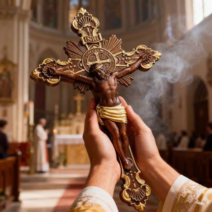 St. Benedict Exorcism Cross wood carved - Bless you and your family for Christian home prayer space