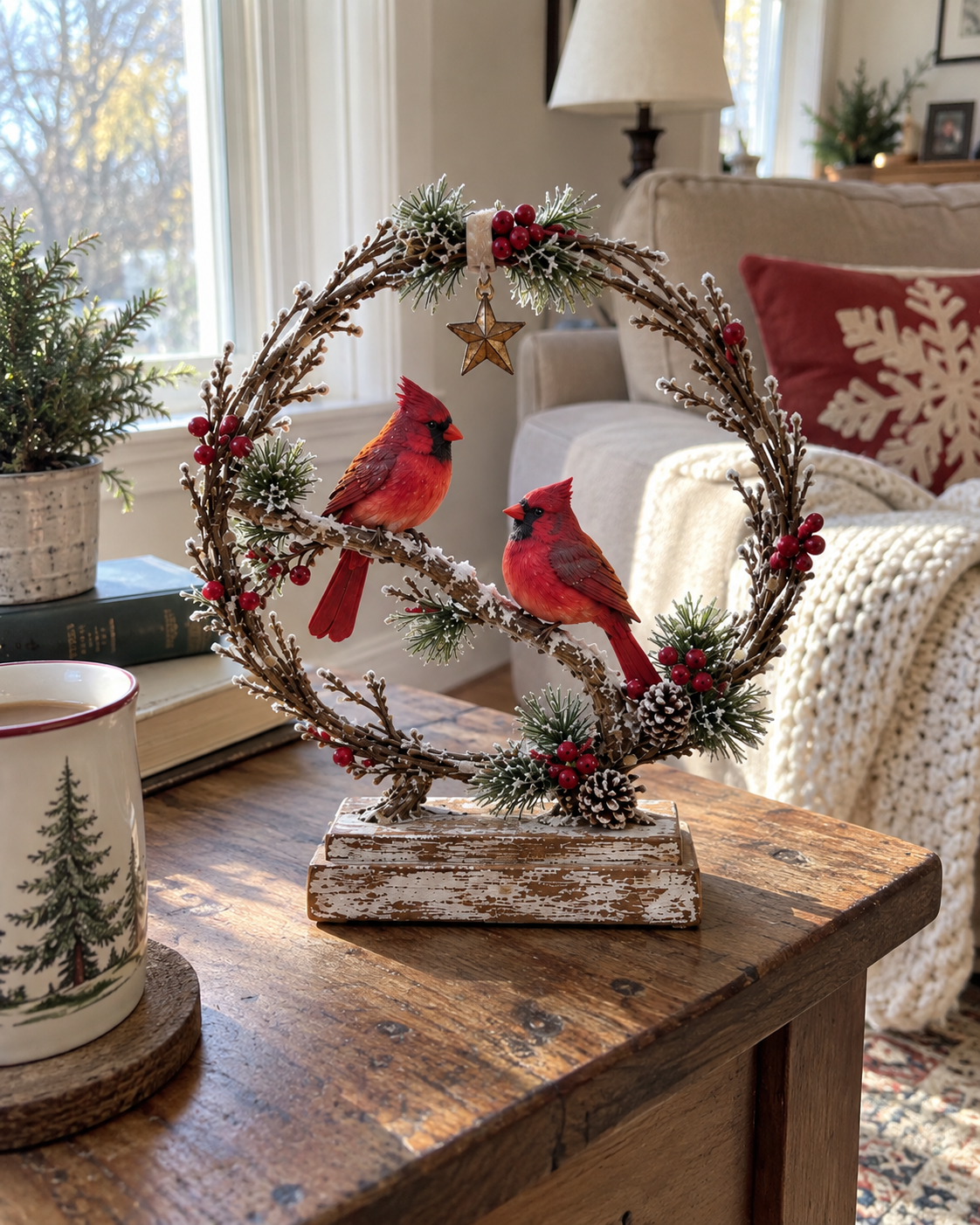 Cardinal decoration displayed in a real living room during the day