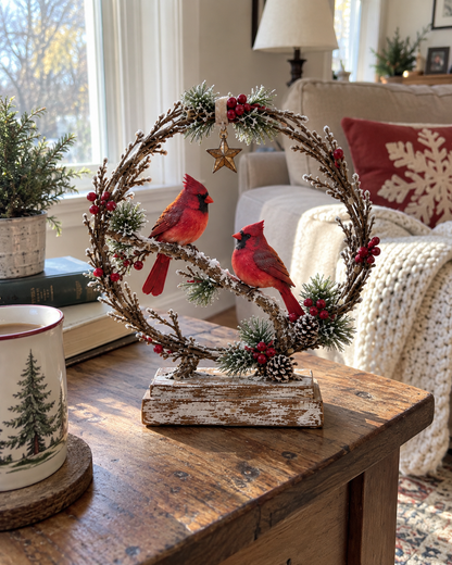 Glowing Cardinal Winter Wreath Tabletop Decor