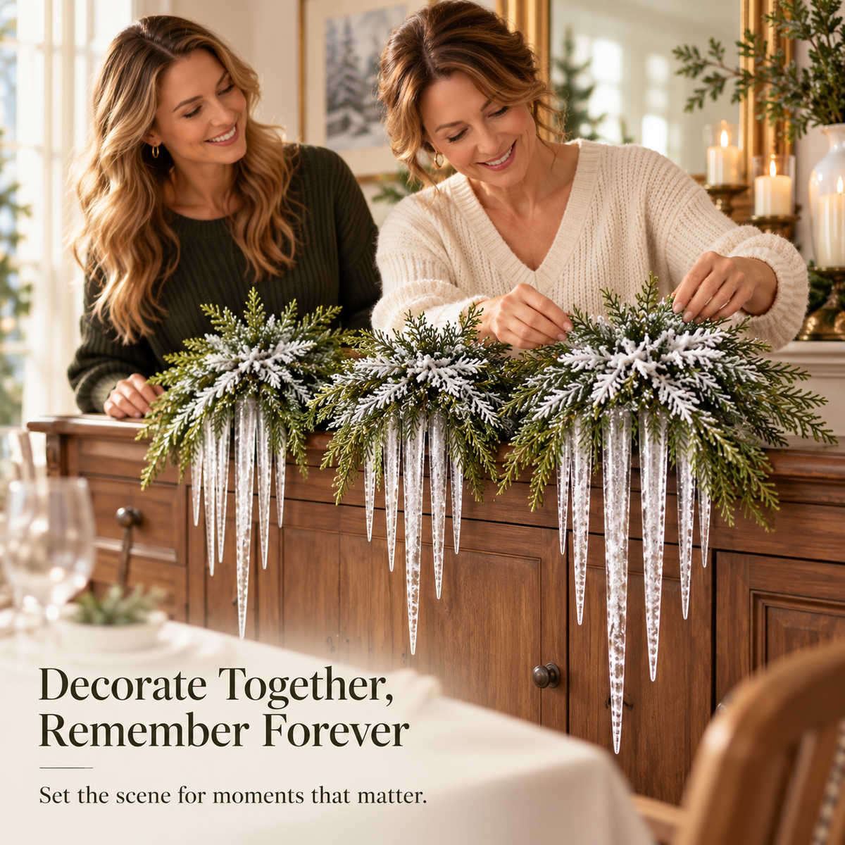 🎄 Snow-Frosted Cedar & Icicle Hanging Accent