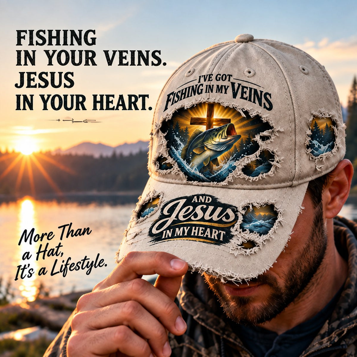 🎣✝️ Fishing & Faith Cap | “Fishing in My Veins, Jesus in My Heart” Christian Fisherman Hat for Lake, Boat & Outdoor Adventures 🙏🌊