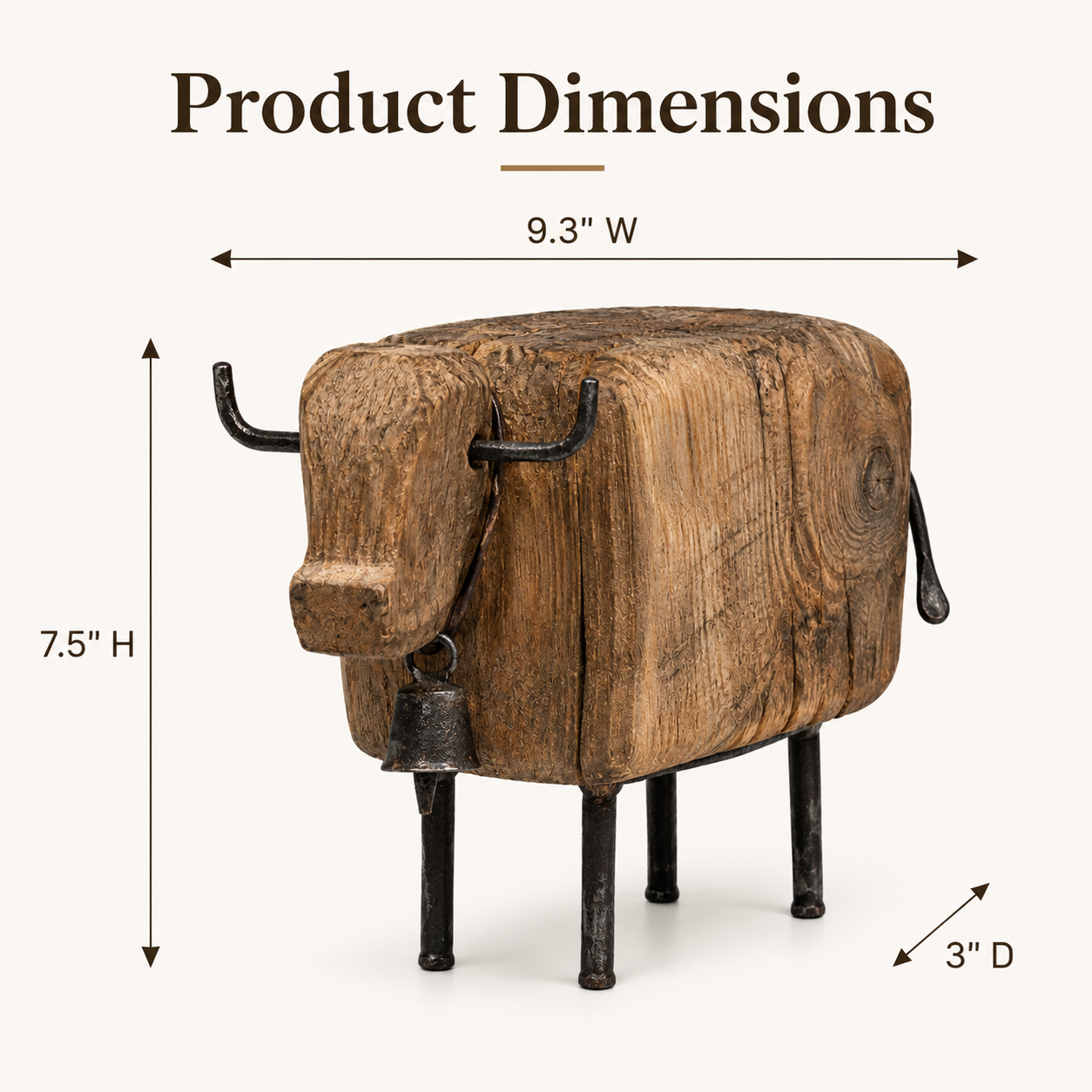 Vintage Wooden Cow Figurine with Metal Bell