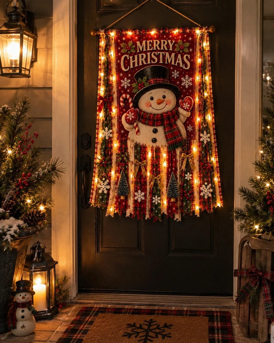 Real customer photo showing snowman banner glowing at night
