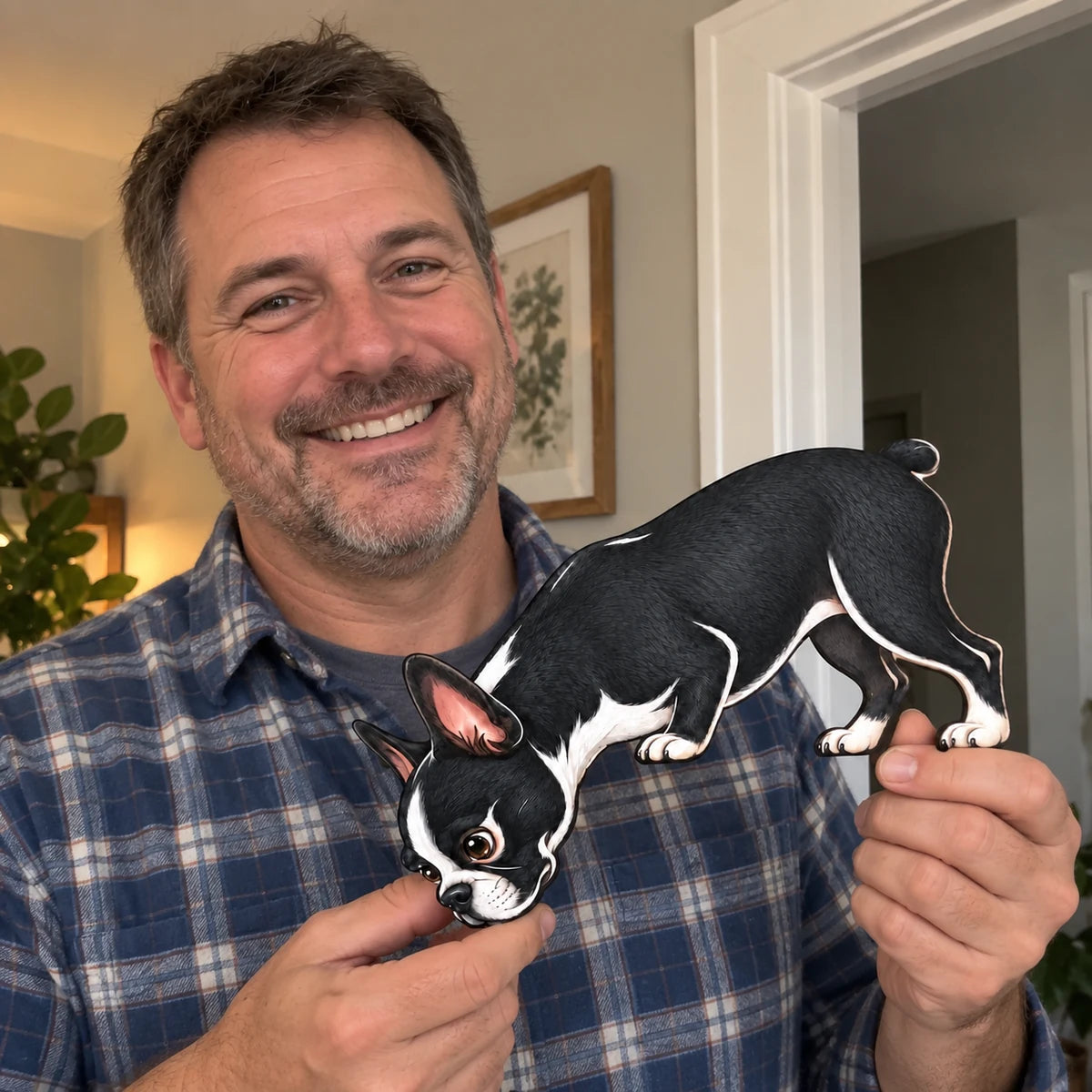 Customer holding a Boston Terrier doorway topper