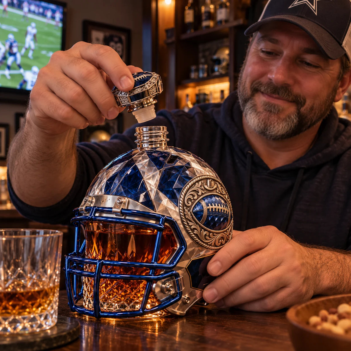 🏈💙Western Football Helmet Whiskey Decanter – 1960–2026 Silver & Blue Star Commemorative Bottle