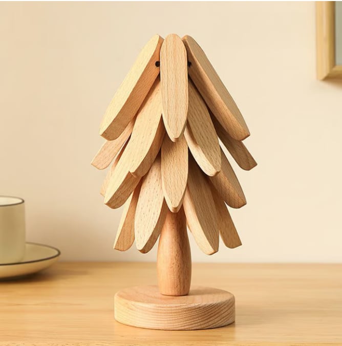 ✨Natural Tree Trivet Set - 4 Wooden Trivets & 1 Stand Like a Christmas Tree