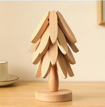 ✨Natural Tree Trivet Set - 4 Wooden Trivets & 1 Stand Like a Christmas Tree