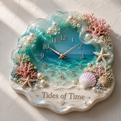 Tides of Time Ocean Wave Wall Clock – Iridescent Coastal Décor with Pearls, Seashells & Coral
