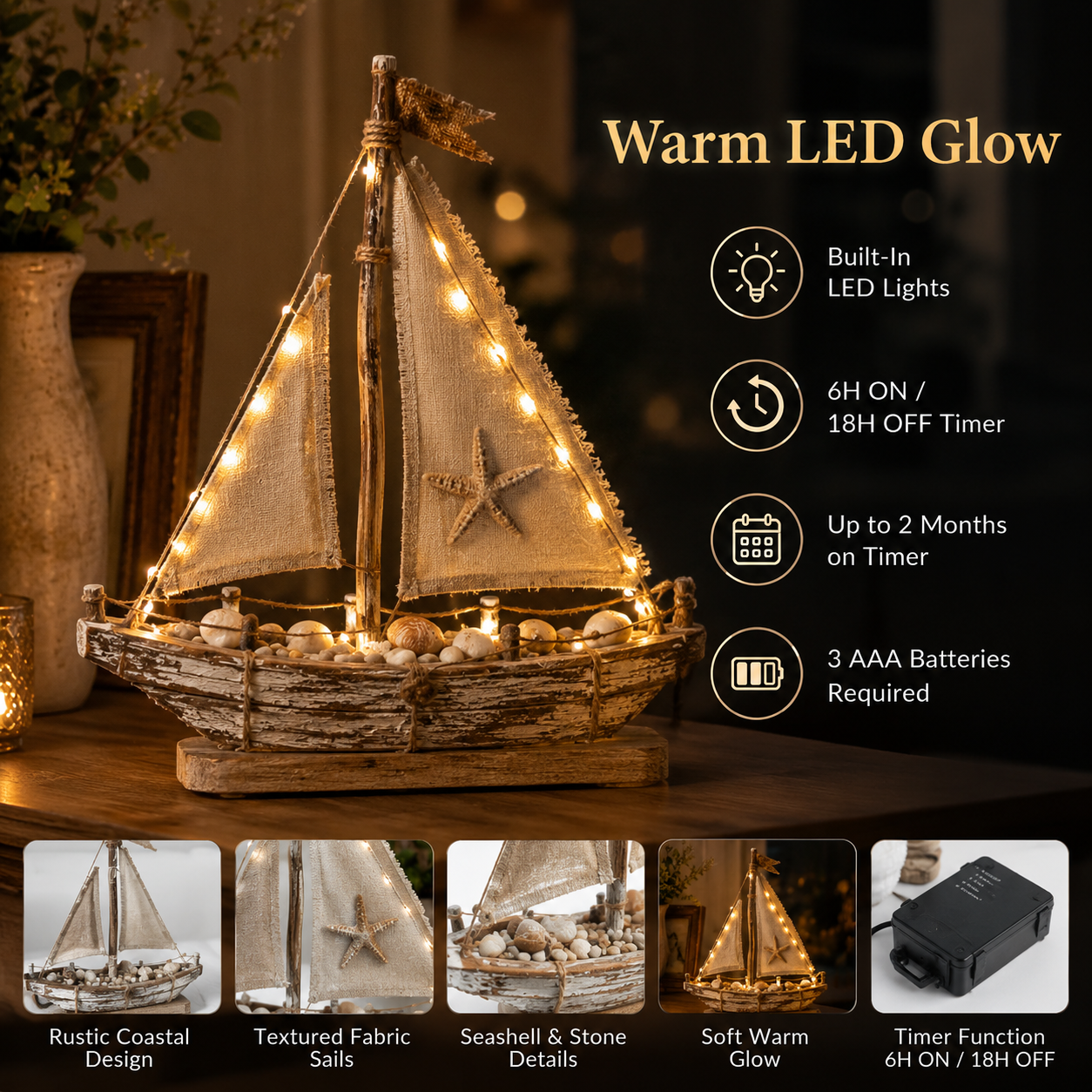 Lighted Rustic Sailboat Decor with Warm LED Glow
