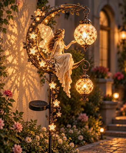 🧚‍♀️🌙 Enchanted Moon Fairy Solar Garden Light | Floral Crescent Lantern Stake, Magical Outdoor Décor & Fairy Garden Accent