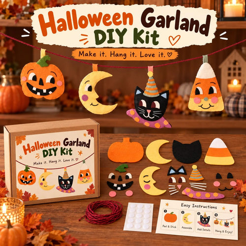 🎃 Halloween Garland DIY Kit – Cute Felt Craft with Pumpkin, Moon, Black Cat & Candy Corn 🐈‍⬛🌙