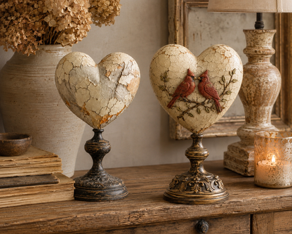 Vintage Distressed Heart Pedestal Sculpture