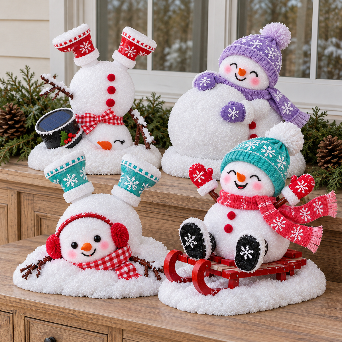 Evergreen branches, berries, pinecones and plaid bow around the reindeer