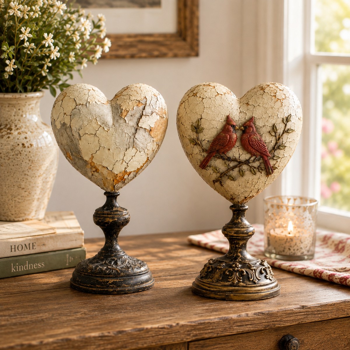 Two vintage heart pedestal designs displayed together