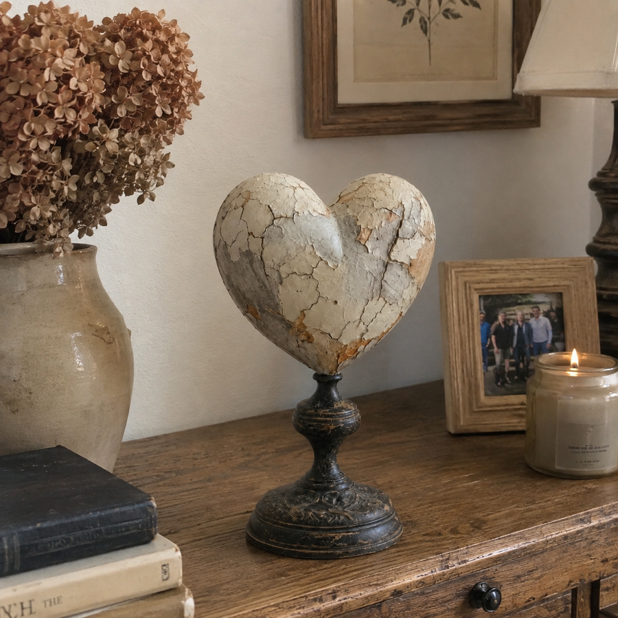 Distressed vintage heart pedestal styled at home