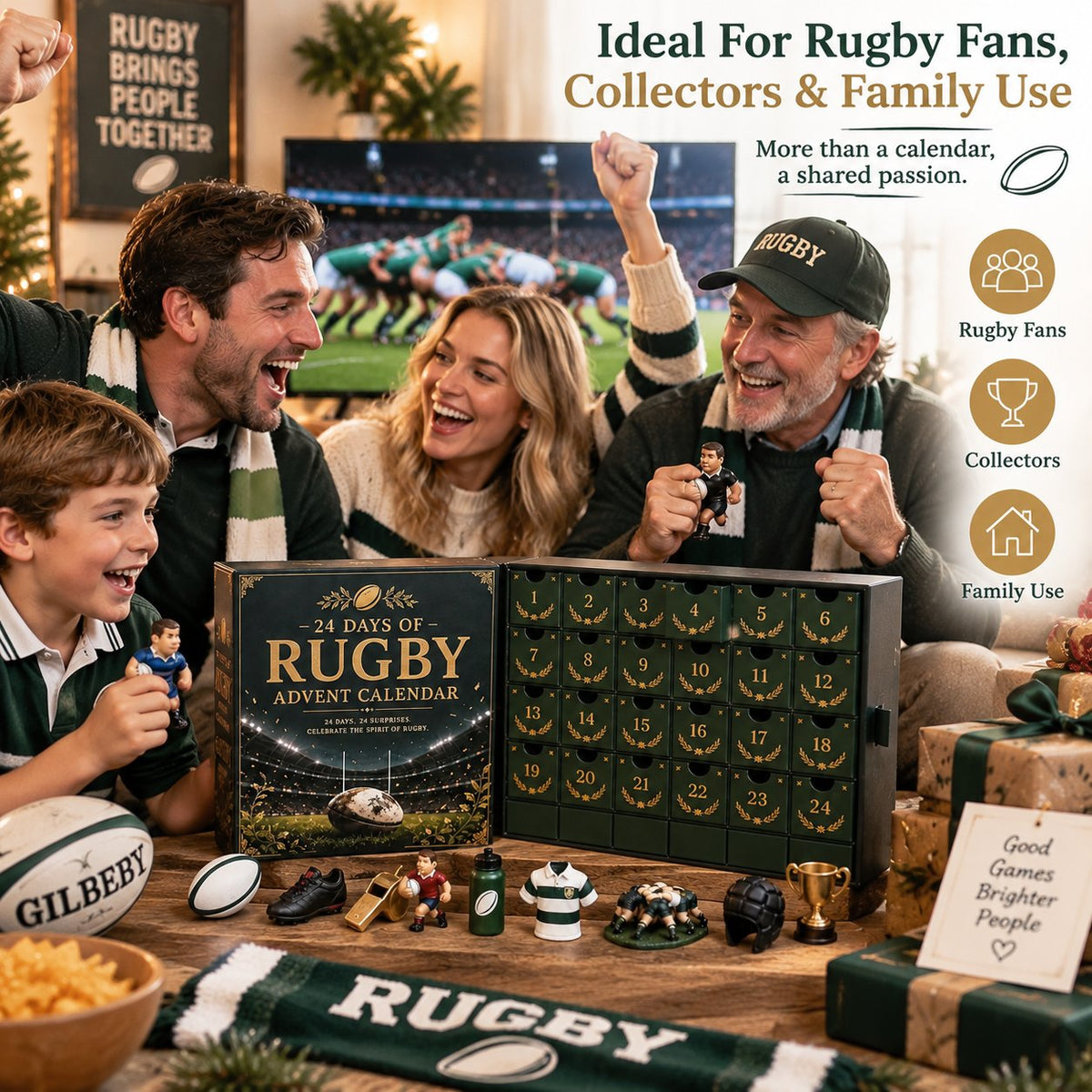 Family of rugby fans enjoying the calendar