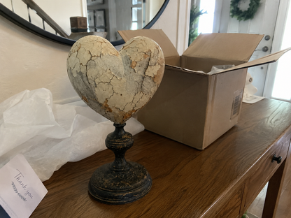 Vintage Distressed Heart Pedestal Sculpture