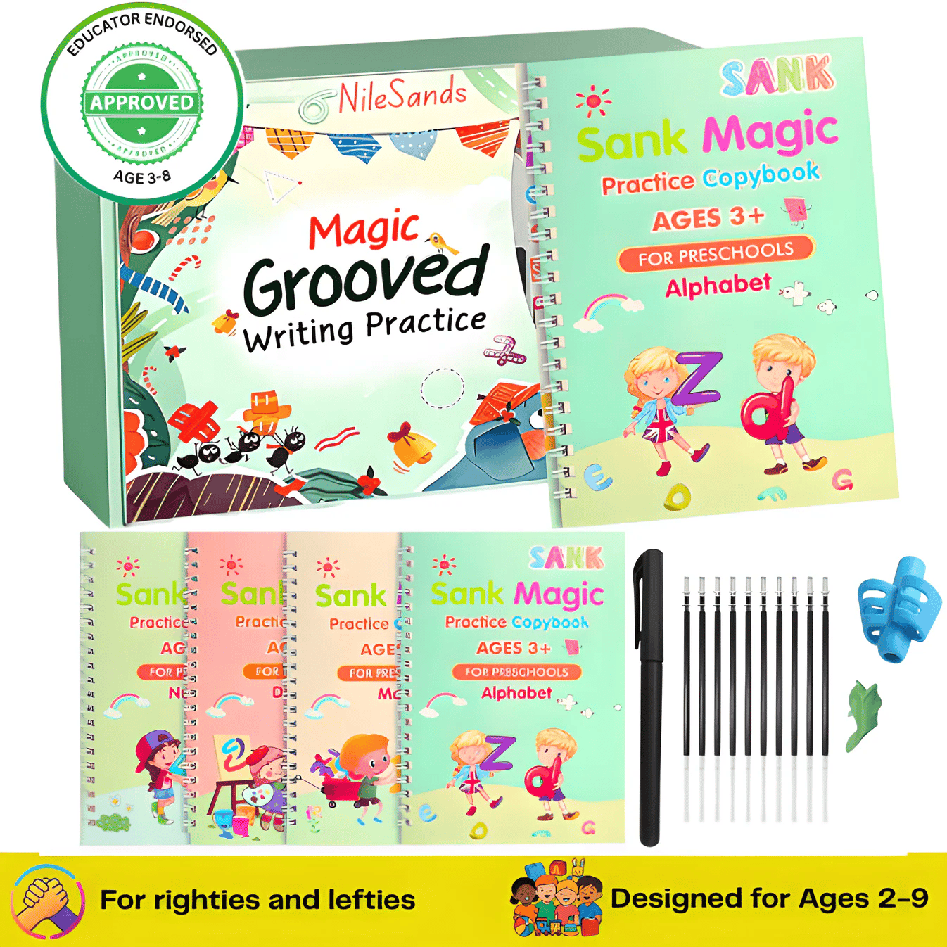 📚 Reusable Kids Handwriting Practice Set – 4 Learning Books with Magic Tracing Pen ✏️✨