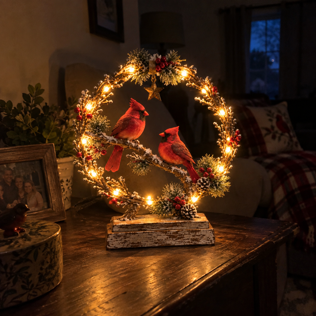 Glowing Cardinal Winter Wreath Tabletop Decor