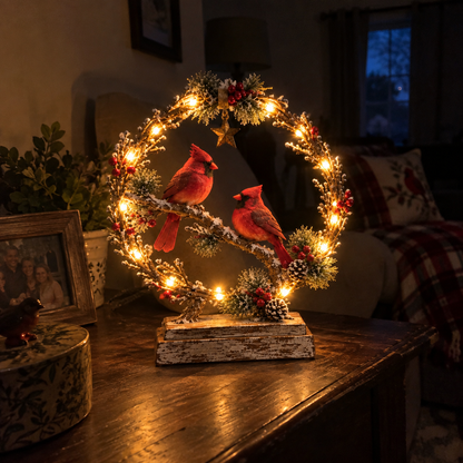 Glowing Cardinal Winter Wreath Tabletop Decor