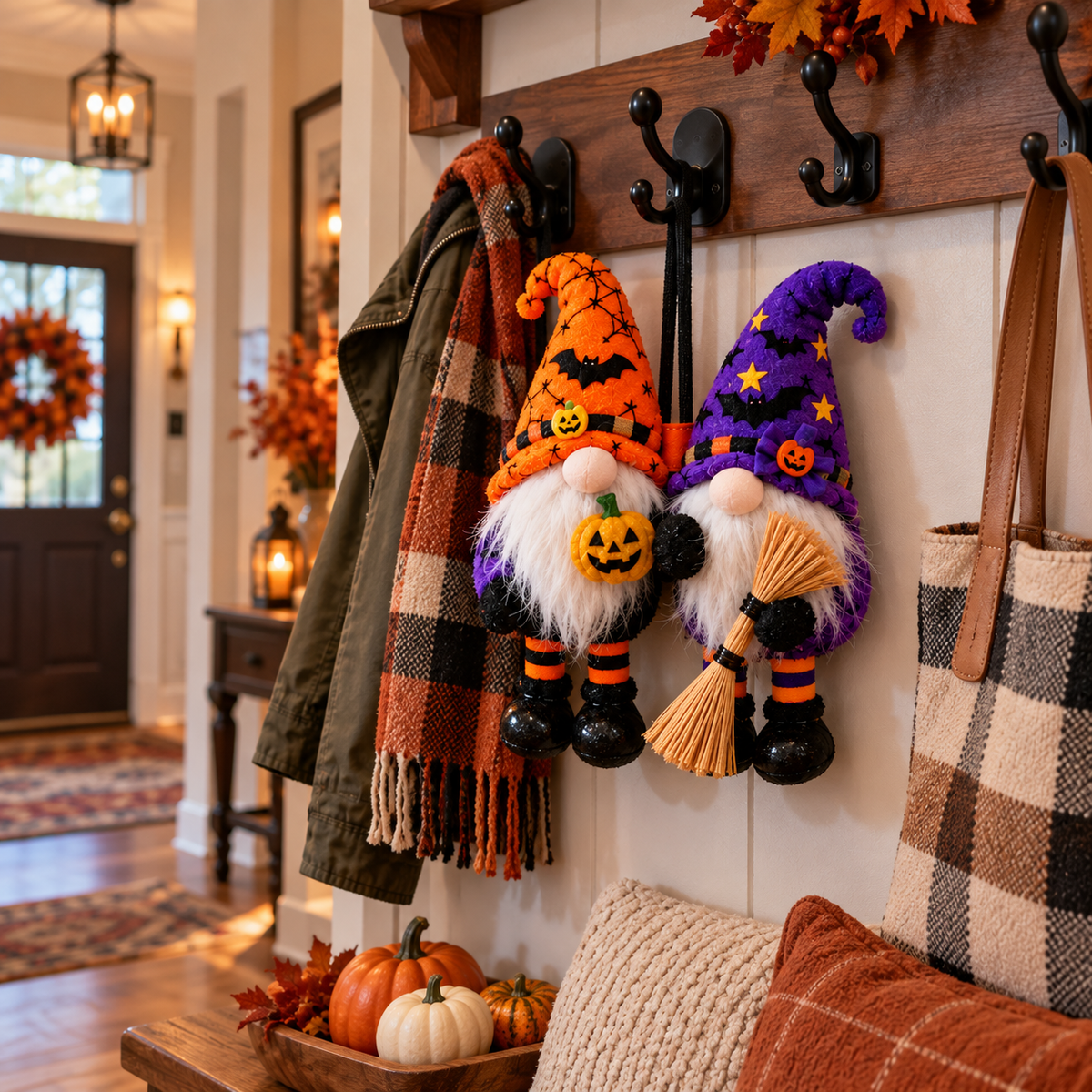 Halloween gnome pair hanging in American entryway