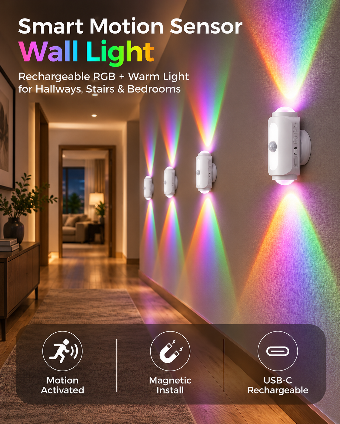 Smart Motion Sensor Wall Light – Rechargeable RGB & Warm Light