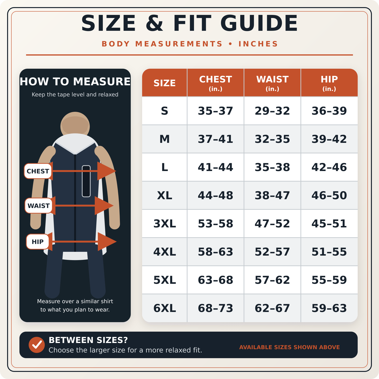 Everyday concealment vest size and fit chart