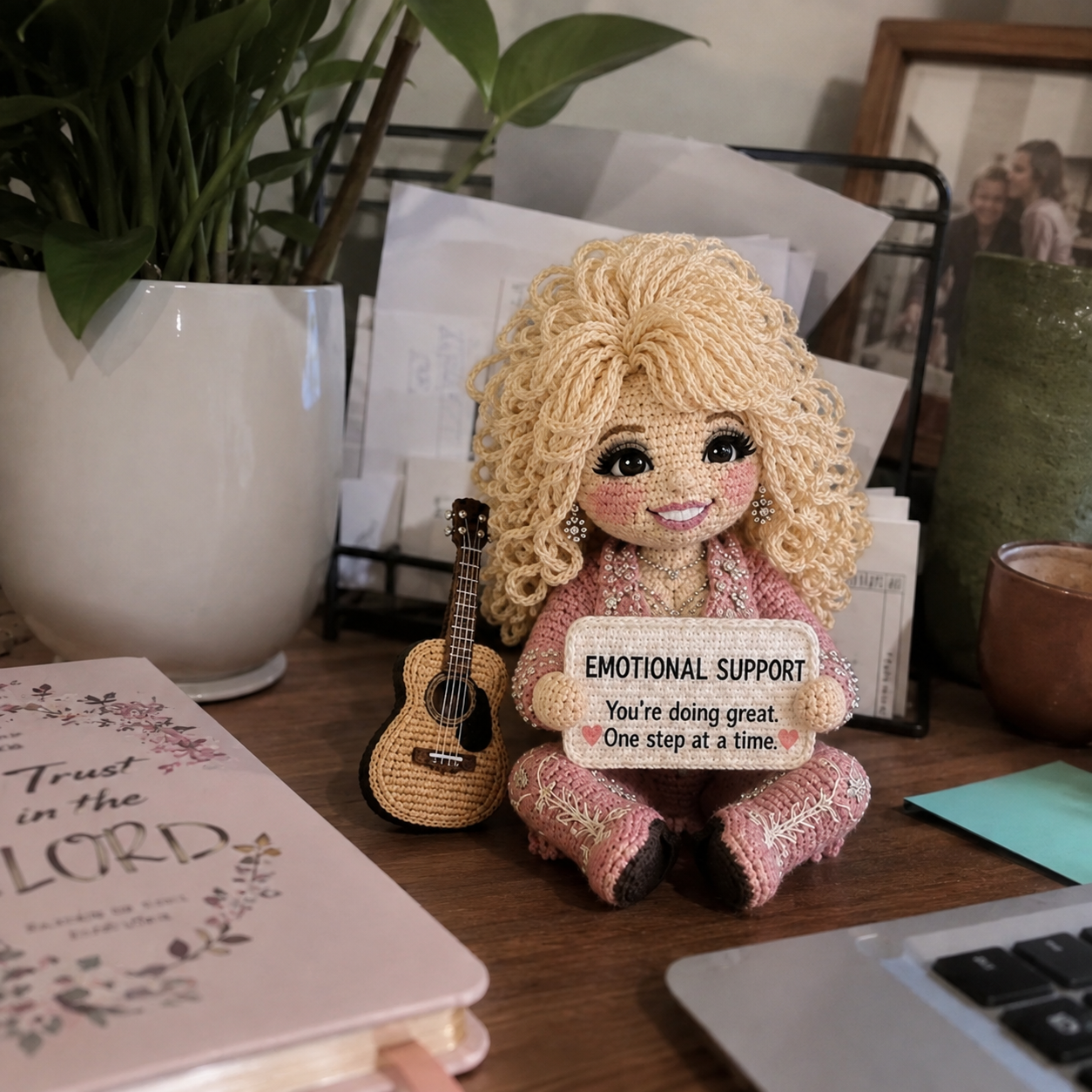 Little Emotional Support Friend – Handmade Crochet Encouragement Doll with Mini Guitar