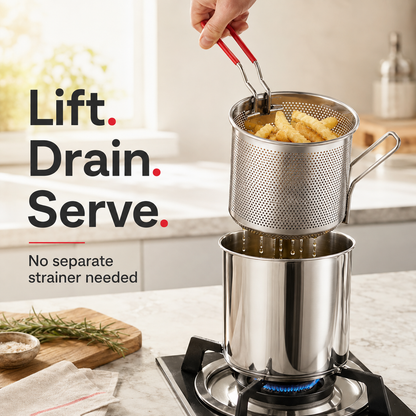 🎁🍟 Personal Mini Deep Fryer Set – Stainless Steel Pot with Lift-Out Draining Basket & Food Tongs
