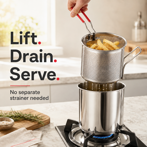 🎁🍟 Personal Mini Deep Fryer Set – Stainless Steel Pot with Lift-Out Draining Basket & Food Tongs