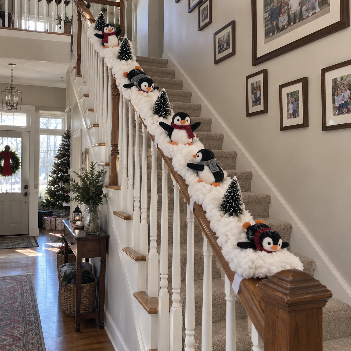 Playful Penguin Snowy Stair Railing Decor